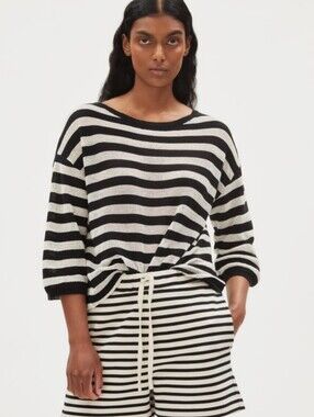 Armedangels Black & Cream Striped Linen Blend Knit Sweater Top Size S
